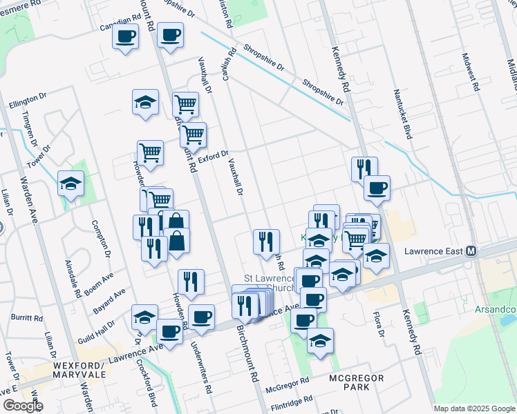 map of restaurants, bars, coffee shops, grocery stores, and more near 36 Merryfield Drive in Toronto