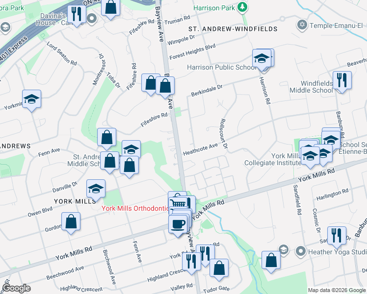 map of restaurants, bars, coffee shops, grocery stores, and more near 21 Bayview Avenue in Toronto