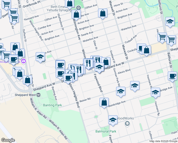 map of restaurants, bars, coffee shops, grocery stores, and more near 866 Sheppard Avenue West in Toronto