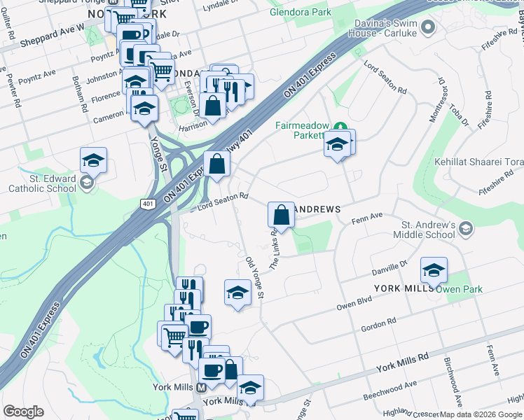 map of restaurants, bars, coffee shops, grocery stores, and more near 73 Lord Seaton Road in Toronto