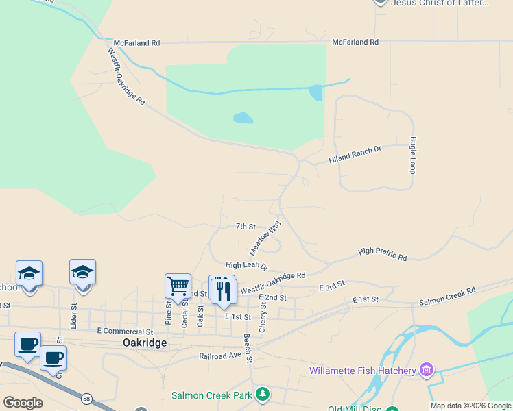 map of restaurants, bars, coffee shops, grocery stores, and more near 48399 7th Street in Oakridge