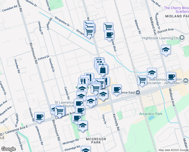 map of restaurants, bars, coffee shops, grocery stores, and more near 209 Ellendale Drive in Toronto