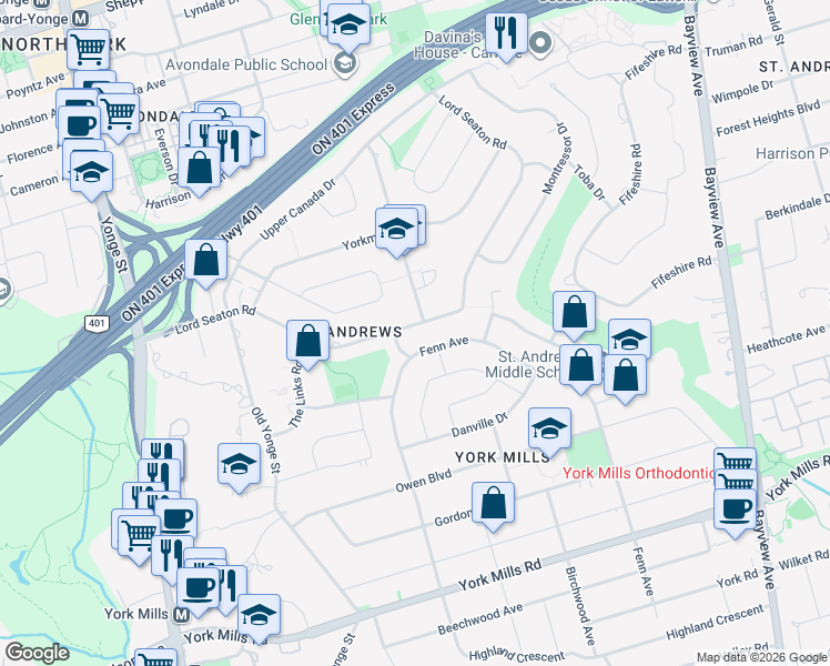 map of restaurants, bars, coffee shops, grocery stores, and more near in Toronto