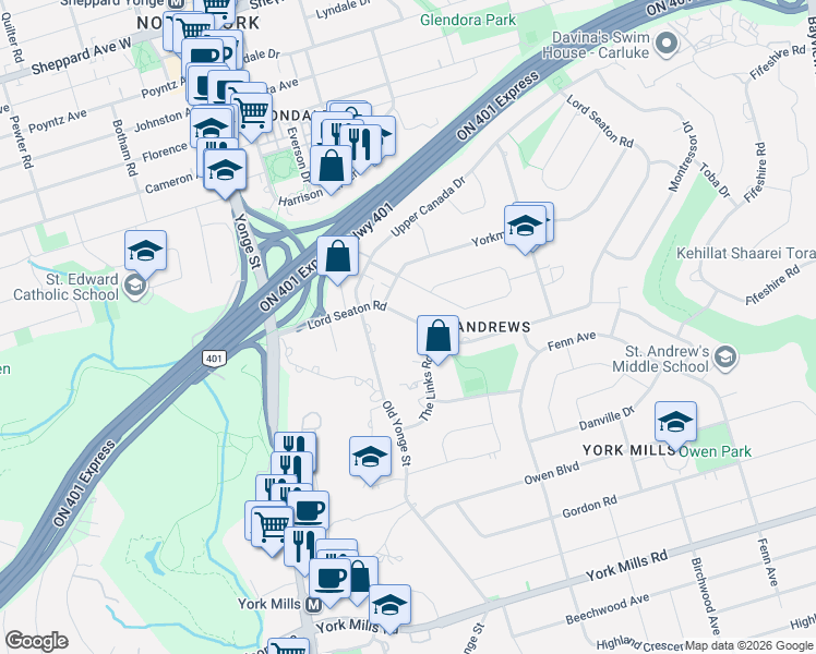 map of restaurants, bars, coffee shops, grocery stores, and more near in Toronto