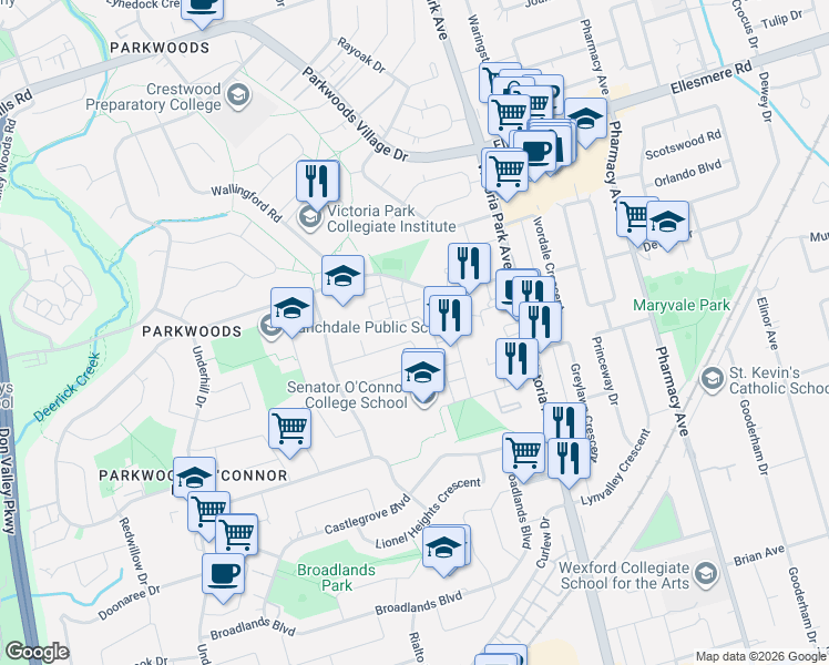 map of restaurants, bars, coffee shops, grocery stores, and more near 34 Rustywood Drive in Toronto