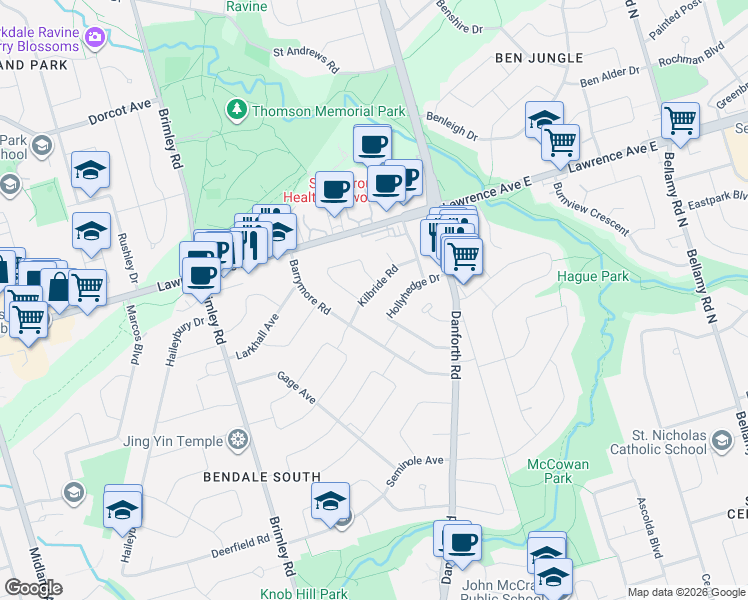 map of restaurants, bars, coffee shops, grocery stores, and more near in Toronto