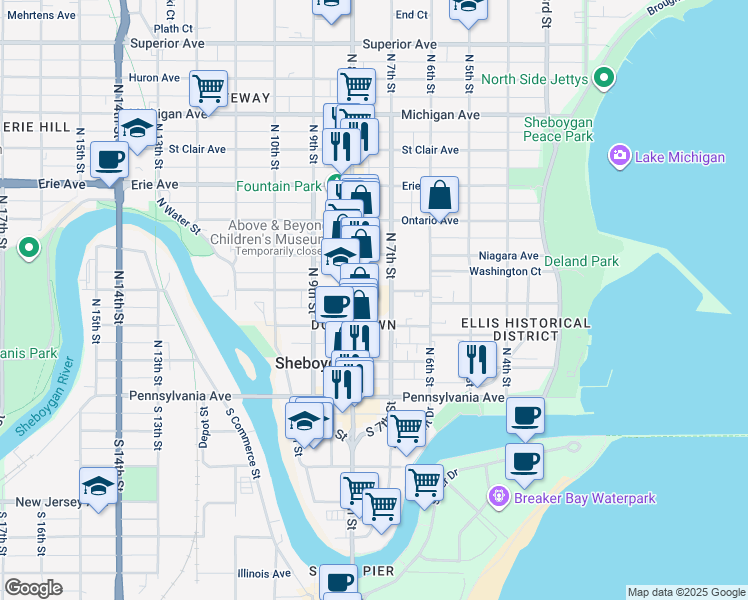 map of restaurants, bars, coffee shops, grocery stores, and more near 727 North 8th Street in Sheboygan