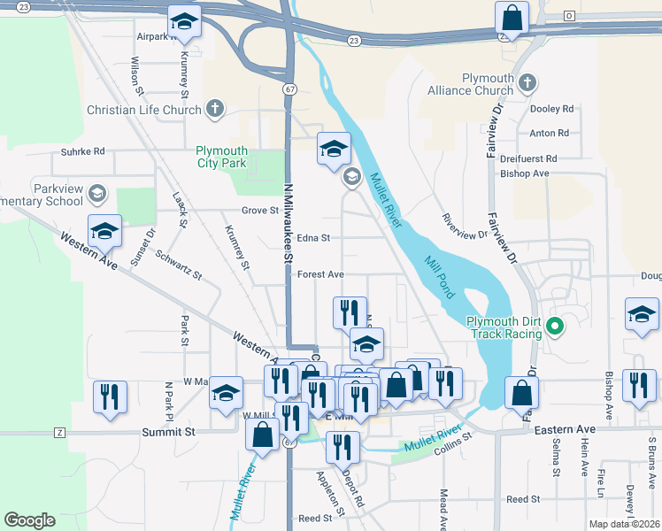 map of restaurants, bars, coffee shops, grocery stores, and more near 109 Edna Street in Plymouth
