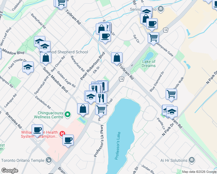 map of restaurants, bars, coffee shops, grocery stores, and more near 128 Clover Bloom Road in Brampton