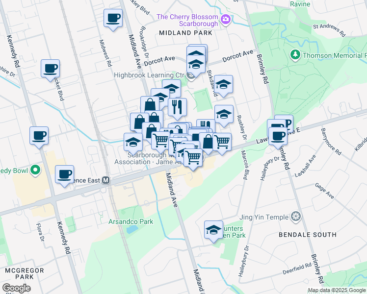 map of restaurants, bars, coffee shops, grocery stores, and more near 3-2650 Lawrence Avenue East in Toronto