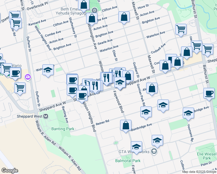 map of restaurants, bars, coffee shops, grocery stores, and more near in Toronto