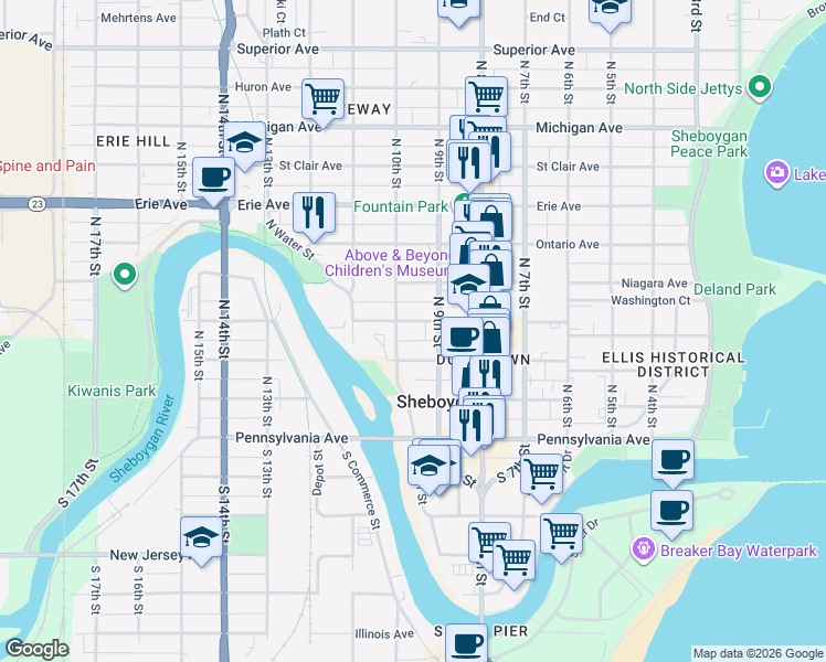 map of restaurants, bars, coffee shops, grocery stores, and more near 928 Wisconsin Avenue in Sheboygan