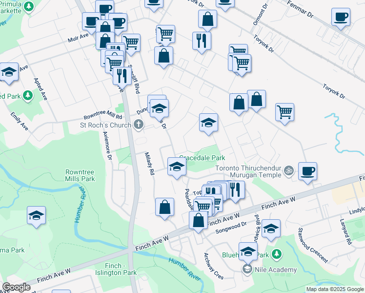 map of restaurants, bars, coffee shops, grocery stores, and more near 32 Goldsboro Road in Toronto