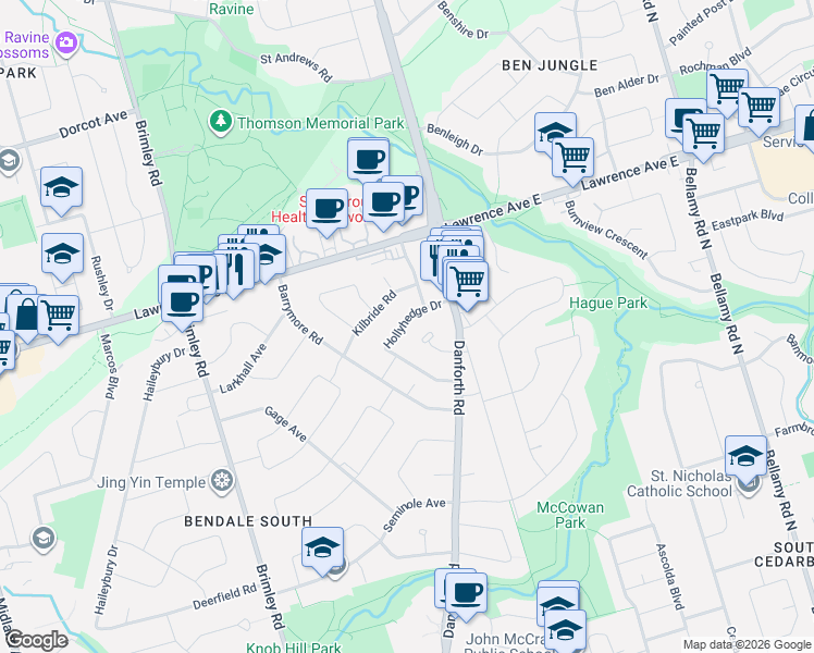 map of restaurants, bars, coffee shops, grocery stores, and more near 61 Hollyhedge Drive in Toronto