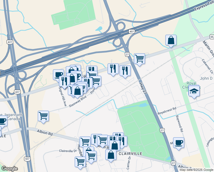 map of restaurants, bars, coffee shops, grocery stores, and more near 11 Goodmark Place in Toronto