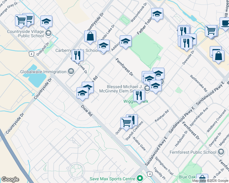 map of restaurants, bars, coffee shops, grocery stores, and more near 46 Egypt Drive in Brampton