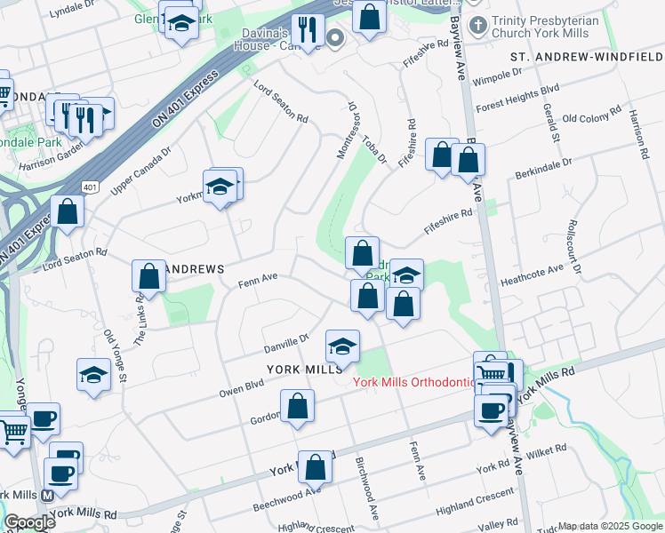map of restaurants, bars, coffee shops, grocery stores, and more near 30 Medalist Road in Toronto