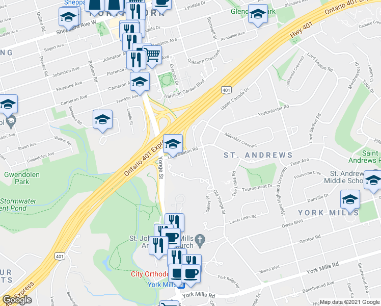 map of restaurants, bars, coffee shops, grocery stores, and more near 37 Lord Seaton Road in Toronto