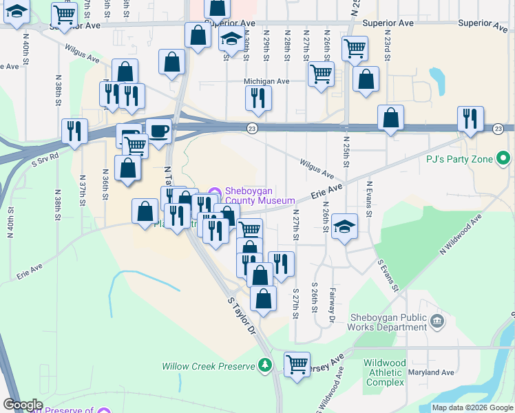 map of restaurants, bars, coffee shops, grocery stores, and more near 804 North 29th Street in Sheboygan