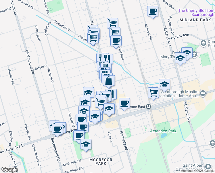 map of restaurants, bars, coffee shops, grocery stores, and more near 1164 Kennedy Road in Toronto