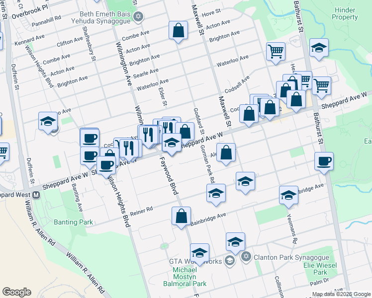 map of restaurants, bars, coffee shops, grocery stores, and more near 801 Sheppard Avenue West in Toronto