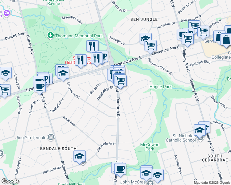 map of restaurants, bars, coffee shops, grocery stores, and more near in Toronto