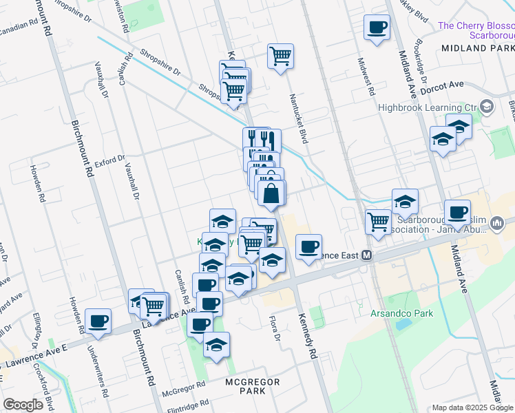 map of restaurants, bars, coffee shops, grocery stores, and more near 1164 Kennedy Road in Toronto