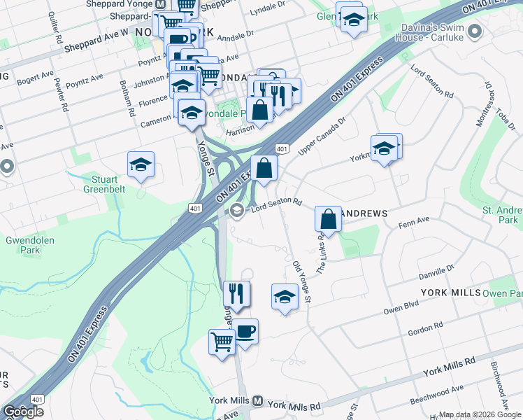 map of restaurants, bars, coffee shops, grocery stores, and more near 37 Lord Seaton Road in Toronto