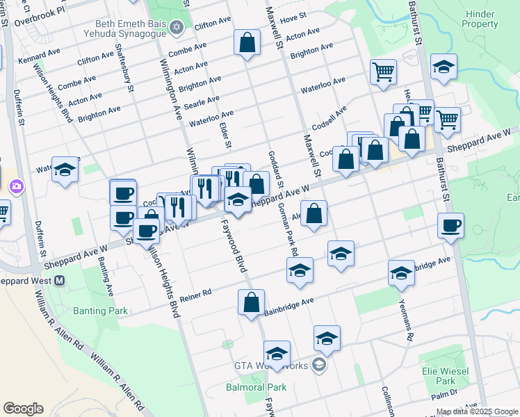 map of restaurants, bars, coffee shops, grocery stores, and more near in Toronto