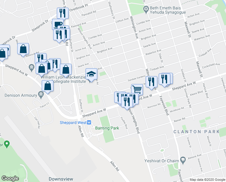 map of restaurants, bars, coffee shops, grocery stores, and more near in Toronto