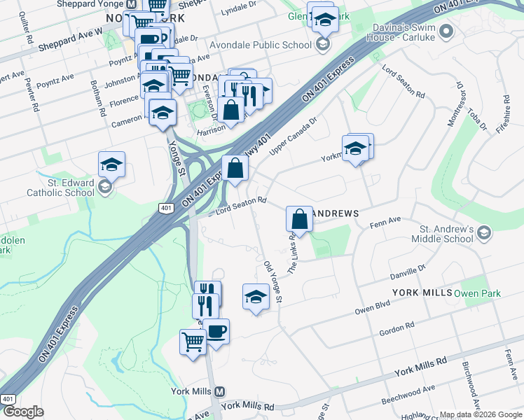 map of restaurants, bars, coffee shops, grocery stores, and more near 31 Upper Canada Drive in Toronto