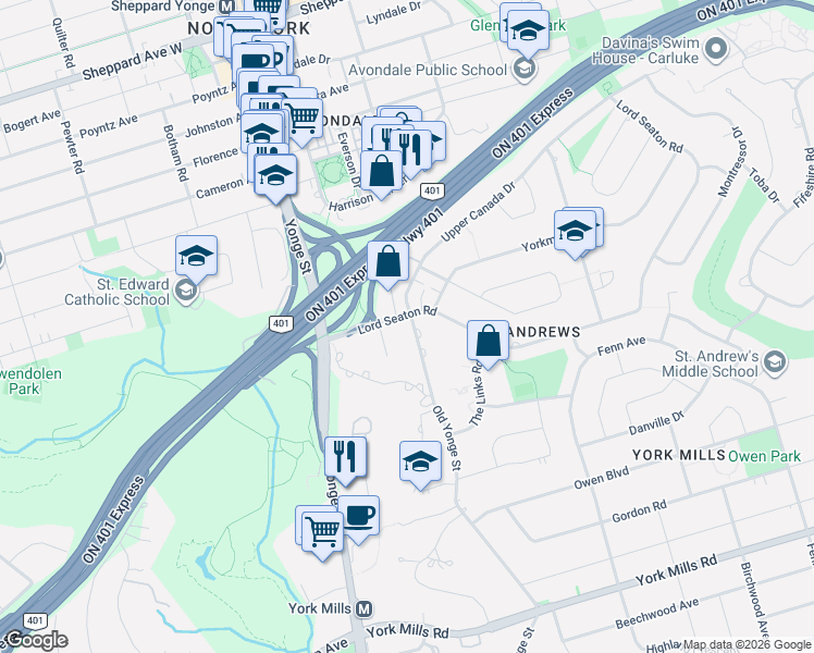 map of restaurants, bars, coffee shops, grocery stores, and more near 30 Upper Canada Drive in Toronto