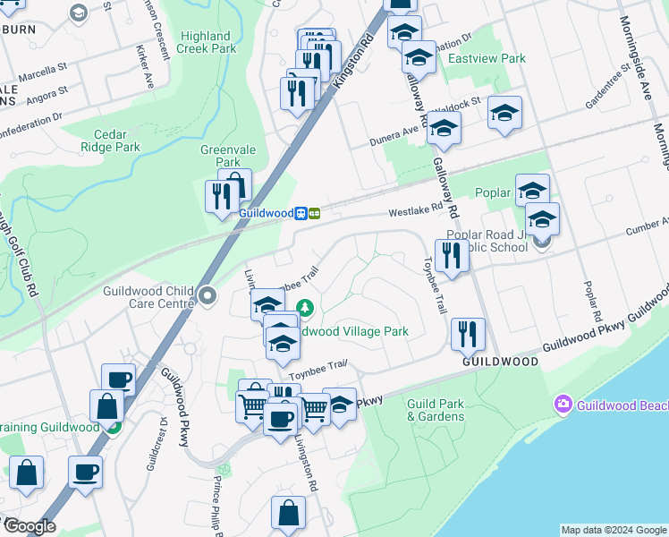 map of restaurants, bars, coffee shops, grocery stores, and more near 28 Nuffield Drive in Toronto