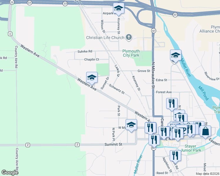 map of restaurants, bars, coffee shops, grocery stores, and more near 514 Schwartz Street in Plymouth