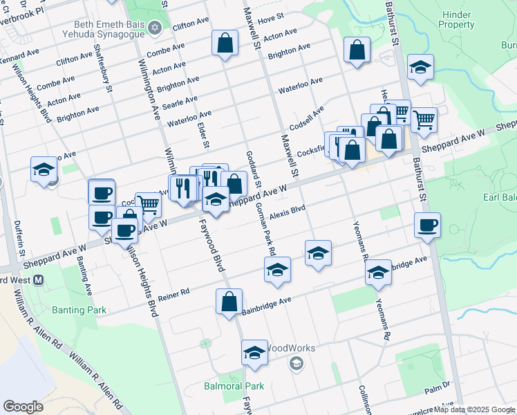 map of restaurants, bars, coffee shops, grocery stores, and more near 128 Gorman Park Road in Toronto