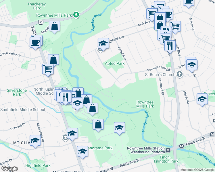 map of restaurants, bars, coffee shops, grocery stores, and more near 120 Rowntree Mill Road in Toronto