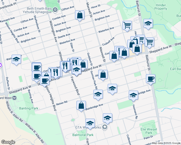 map of restaurants, bars, coffee shops, grocery stores, and more near in Toronto