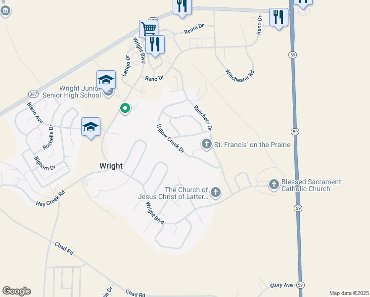 map of restaurants, bars, coffee shops, grocery stores, and more near 343 Willow Creek Drive in Gillette