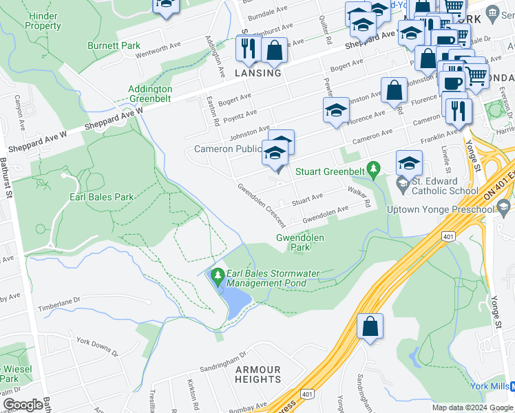 map of restaurants, bars, coffee shops, grocery stores, and more near 38 Gwendolen Crescent in Toronto