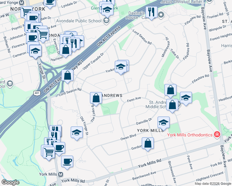 map of restaurants, bars, coffee shops, grocery stores, and more near 100 Lord Seaton Road in Toronto
