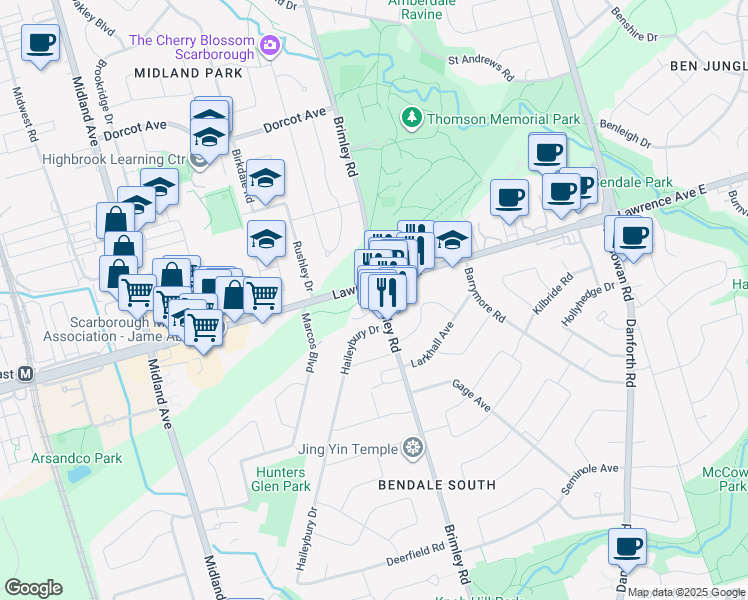 map of restaurants, bars, coffee shops, grocery stores, and more near 834 Brimley Road in Toronto