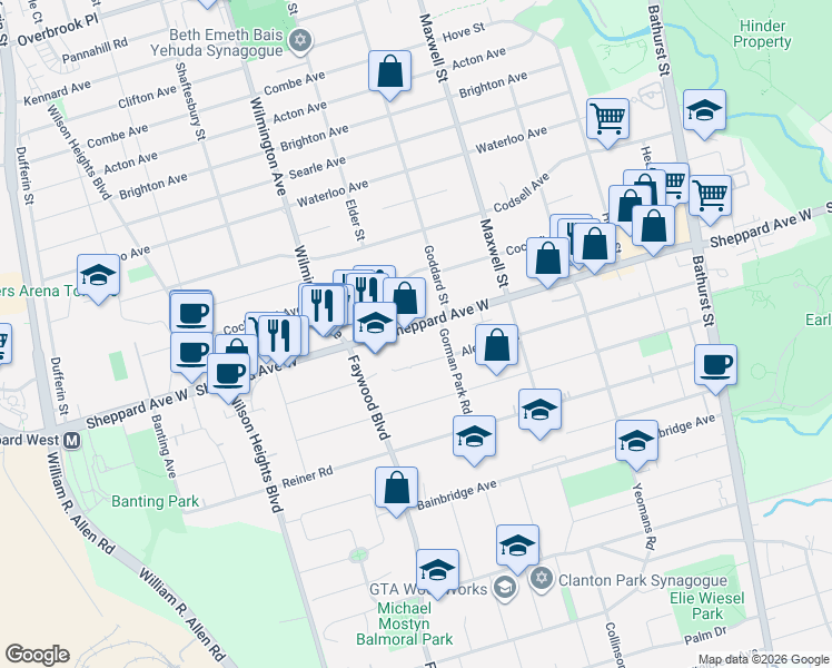 map of restaurants, bars, coffee shops, grocery stores, and more near in Toronto