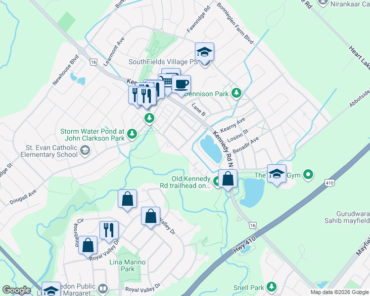 map of restaurants, bars, coffee shops, grocery stores, and more near 8 Larson Peak Road in Regional Municipality of Peel