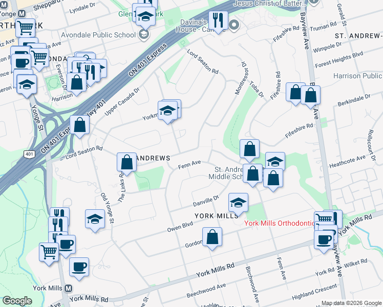 map of restaurants, bars, coffee shops, grocery stores, and more near in Toronto