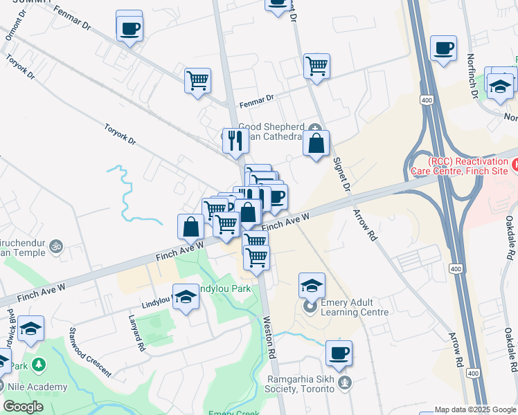 map of restaurants, bars, coffee shops, grocery stores, and more near 2300 Finch Avenue West in Toronto