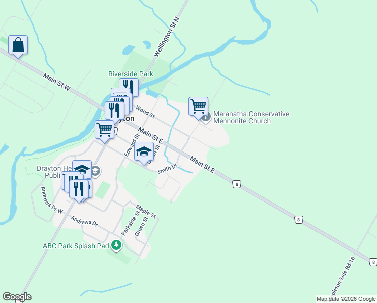 map of restaurants, bars, coffee shops, grocery stores, and more near 76 Main Street East in Alma
