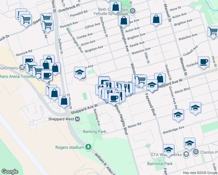 map of restaurants, bars, coffee shops, grocery stores, and more near 256 Cocksfield Avenue in Toronto