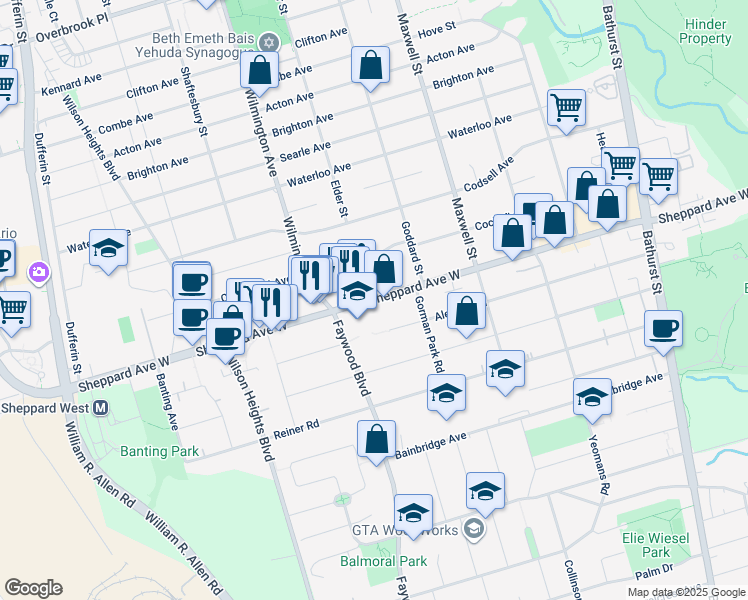 map of restaurants, bars, coffee shops, grocery stores, and more near 813 Sheppard Avenue West in Toronto