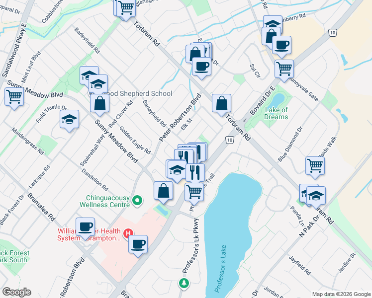 map of restaurants, bars, coffee shops, grocery stores, and more near 45 Clover Bloom Road in Brampton
