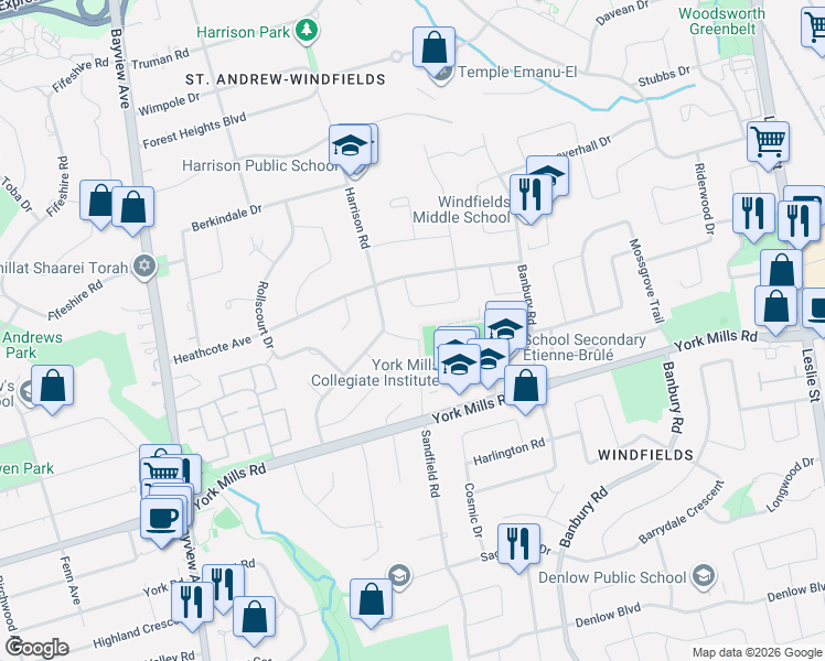 map of restaurants, bars, coffee shops, grocery stores, and more near 8 Colvestone Road in Toronto